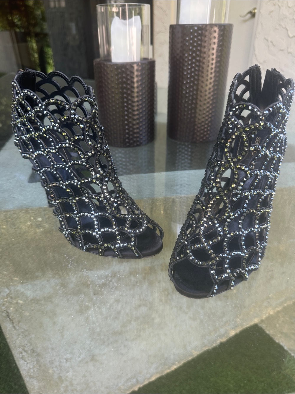 Sergio Rossi Black Laser-Cut Suede Rhinestone Stiletto Booties